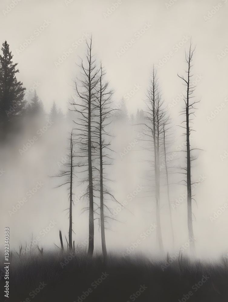 Obraz premium Foggy forest scene in grayscale, with tall, bare trees fading into the mist, creating a sense of depth and mystery