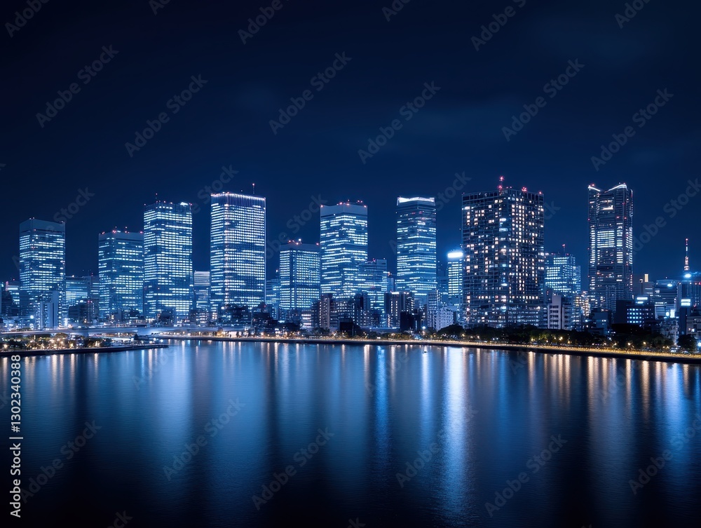 Obraz premium Nighttime city skyline with illuminated skyscrapers reflecting on calm water