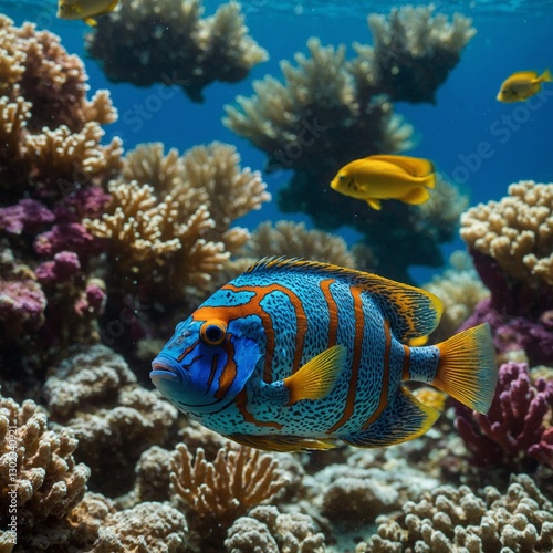 Describe the vibrant colors and unique patterns of a tropical fish swimming in a coral reef. How does it move? How does the sunlight affect the water around it?