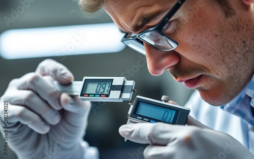 Focused Technician Meticulously Measures with Precision Instruments. Intricate Details Under Scrutiny. High-Tech Accuracy. photo