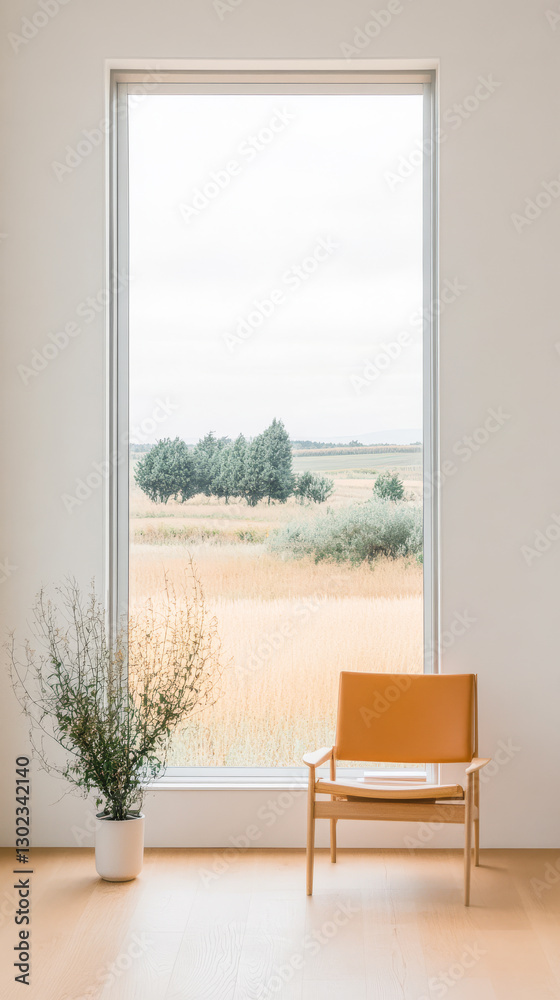 Fototapeta premium Contemporary chair and plant beside large window with serene landscape view