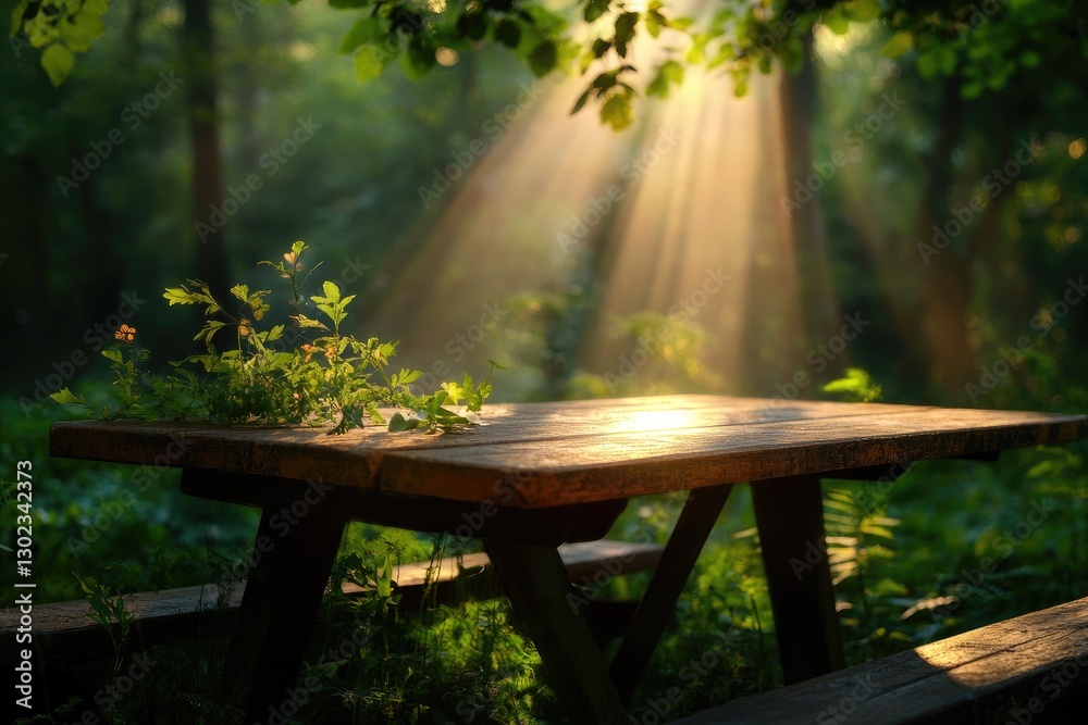 Sunlight Streaming Through Trees Illuminating a Wooden Table in a Serene Forest Setting Sunlight Streaming Through Trees Illuminating a Wooden Table in a Serene Forest Setting