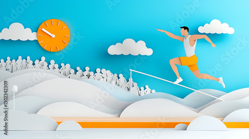 Pole vaulter clearing a high bar in a papercut scene vibrant blue background sports art creative environment dynamic viewpoint conceptual design
