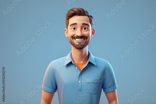 A cheerful cartoon man with a friendly smile wears a blue polo shirt on a light blue backdrop.