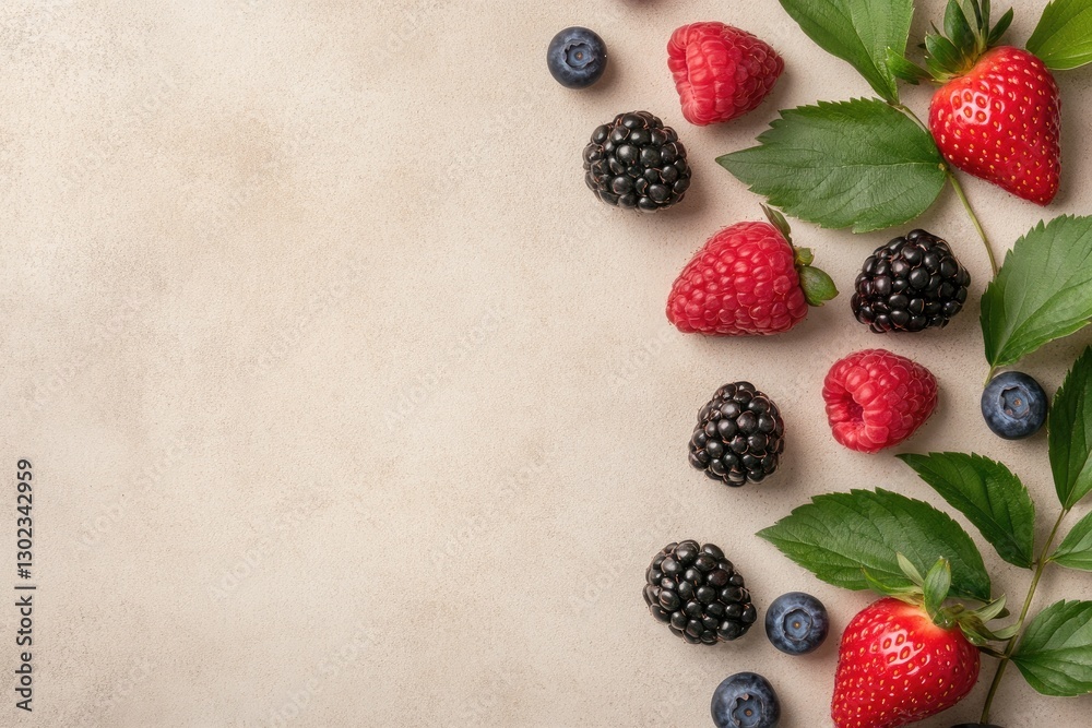 Fresh Berries on Rustic Background: Strawberries, Blackberries, Raspberries, and Blueberries with Green Leaves Fresh Berries on Rustic Background: Strawberries, Blackberries, Raspberries, and Blueberries with Green Leaves