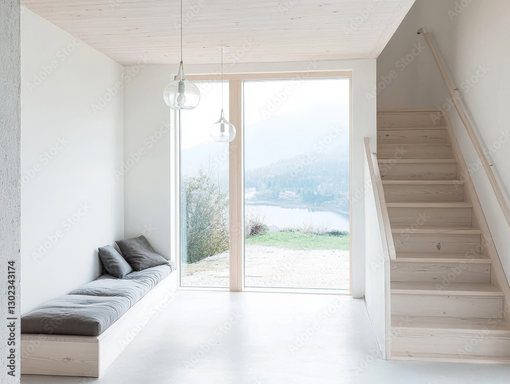 Fototapeta premium Modern minimalist interior with scenic view in a bright and open space
