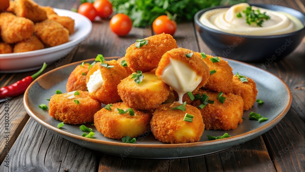 Crispy fried chili cheese nuggets on a plate with melted mozzarella and cheddar cheese, served in a modern dining setting , dinner plate, cheesy nuggets Crispy fried chili cheese nuggets on a plate with melted mozzarella and cheddar cheese, served in a modern dining setting , dinner plate, cheesy nuggets