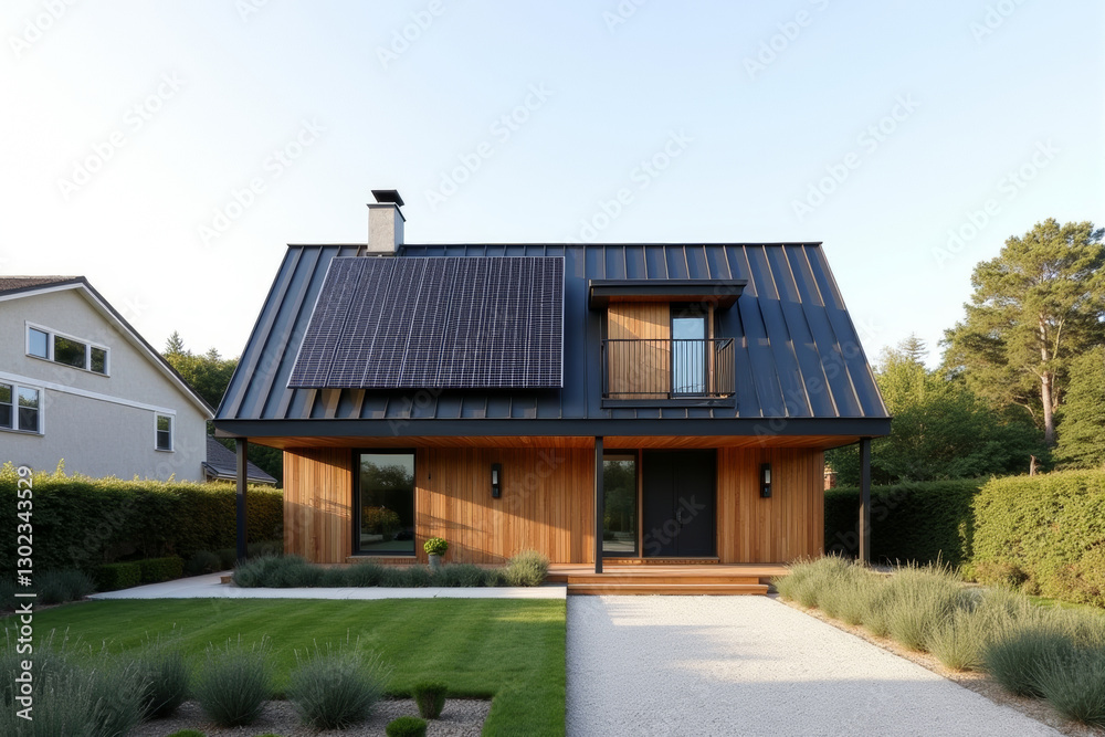 A Modern Sustainable house with sleek solar panels integrated into a flat roof, framed by minimalist landscaping. A Modern Sustainable house with sleek solar panels integrated into a flat roof, framed by minimalist landscaping.