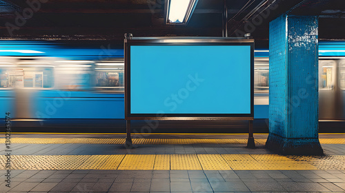 Blank Advertisement Billboard in an Underground Train Station with Blurred Train Motion, Ideal for Mockups and Urban Advertising Campaigns, Copy Space Available