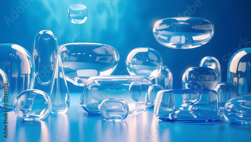 Glass shapes composition on blue background. 3d rendering.