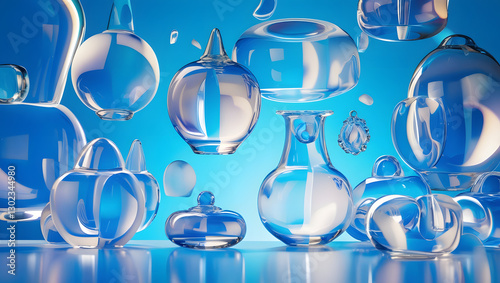 Glass shapes composition on blue background. 3d rendering.