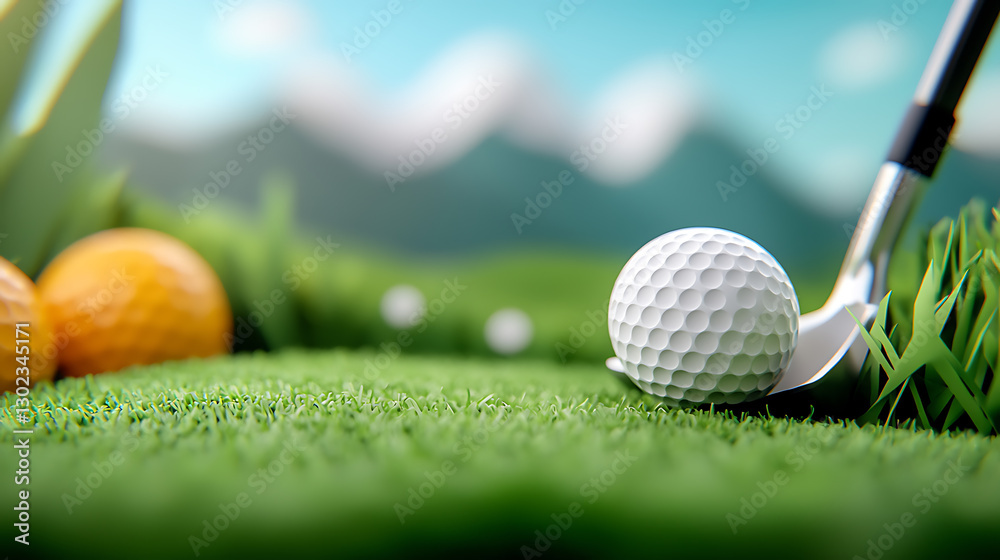 Naklejka premium Golf club and ball closeup on green grass outdoor sports scene nature background vibrant golfing environment