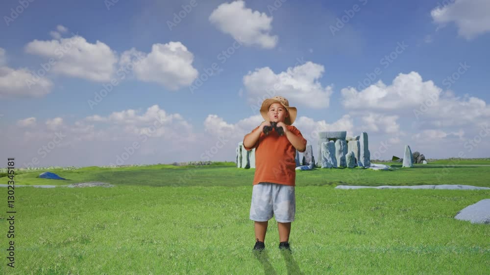 Asian Boy With A Hat Saying Wow After Looking Through The Binoculars. Boy Researcher Examines Something While Traveling In Stonehenge, Travel Tourism Adventure Concept, Full Body