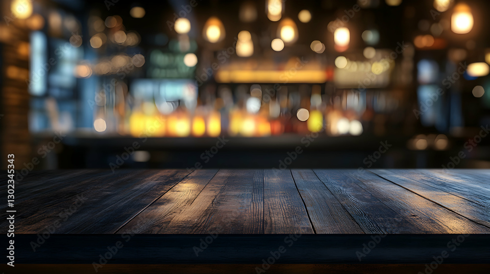Captivating bar scene showcases a dimly lit interior, a rustic wooden table in the foreground, and soft, blurred bokeh lights creating a warm and inviting ambiance Captivating bar scene showcases a dimly lit interior, a rustic wooden table in the foreground, and soft, blurred bokeh lights creating a warm and inviting ambiance