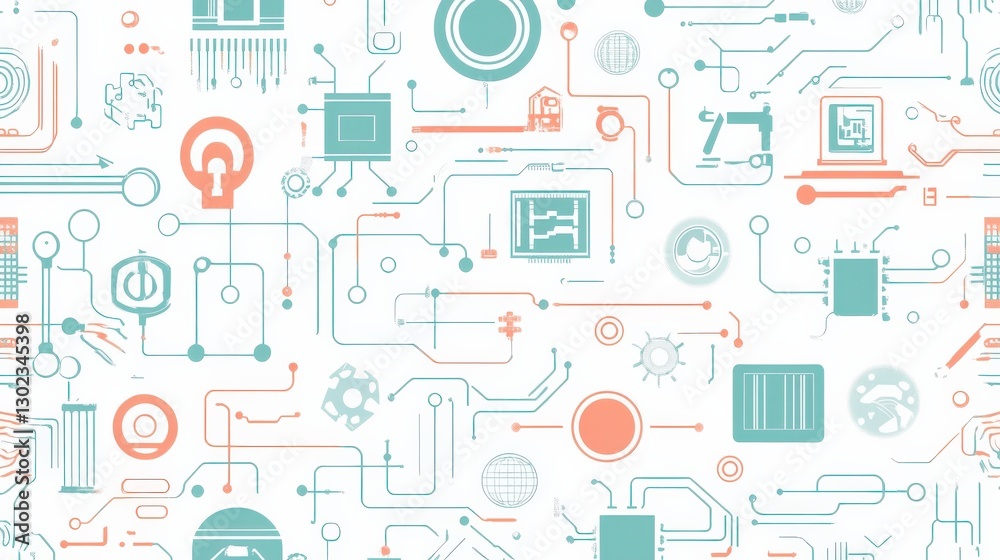 Abstract Technology Background with Circuit Patterns and Geometric Shapes in Soft Colors