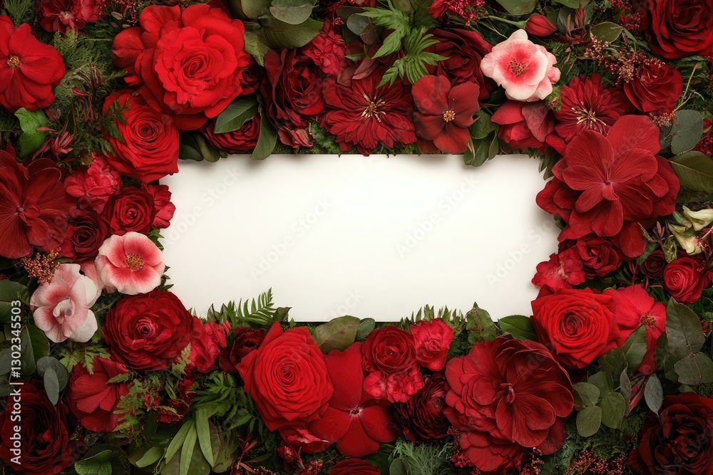 Elegant Floral Frame with Red Roses and Greenery for Greeting Card Design Elegant Floral Frame with Red Roses and Greenery for Greeting Card Design