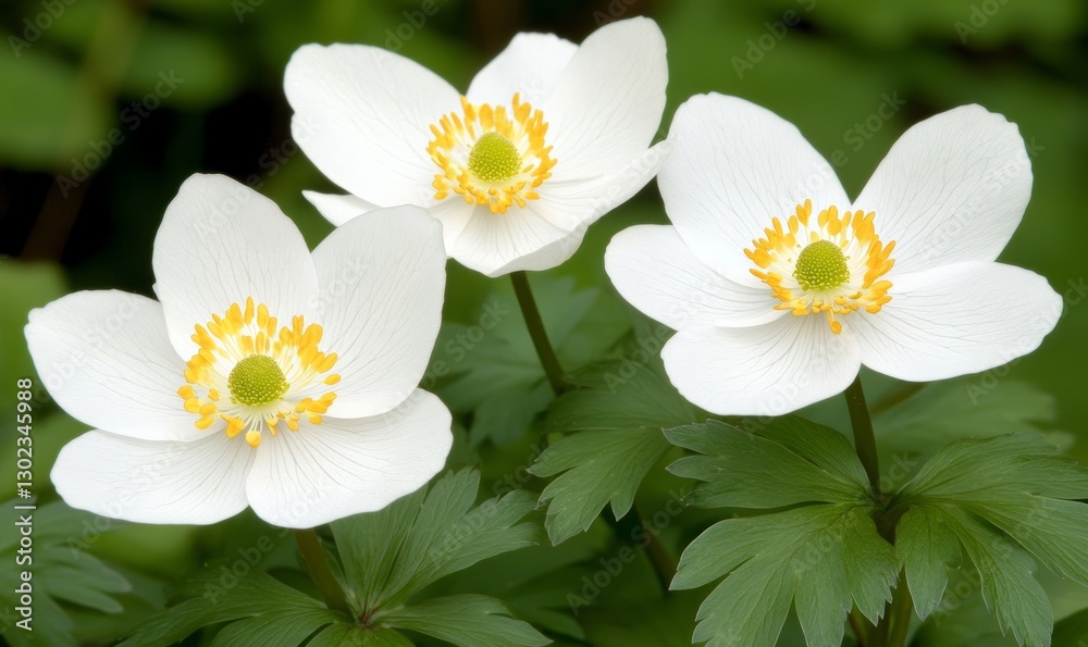White Anemone Flowers with Yellow Stamens Against Green Background White Anemone Flowers with Yellow Stamens Against Green Background