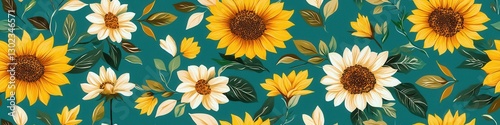 A vibrant pattern of sunflowers and daisies against a teal background, creating a fresh and cheerful floral design.