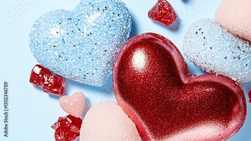 Pastel and Red Glitter Hearts with Candy on Blue Background
