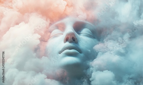 Abstract background with pastel colors, blurry clouds, and an angelic face in the middle, in a dreamy and romantic style, with blurred edges