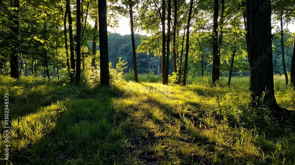 Obraz premium Sunlit forest path, dappled light on green grass.