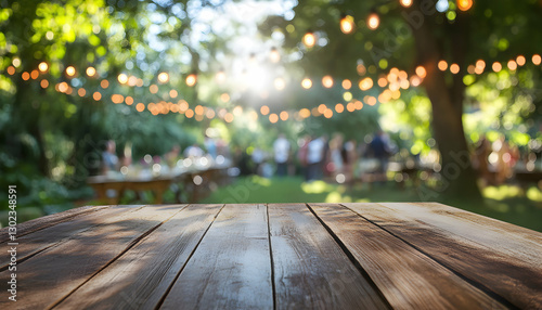 Charming Garden Party Setting with Wooden Table Foreground and Soft Bokeh of Lights and Guests, Perfect for Outdoor Events and Celebrations Backdrop