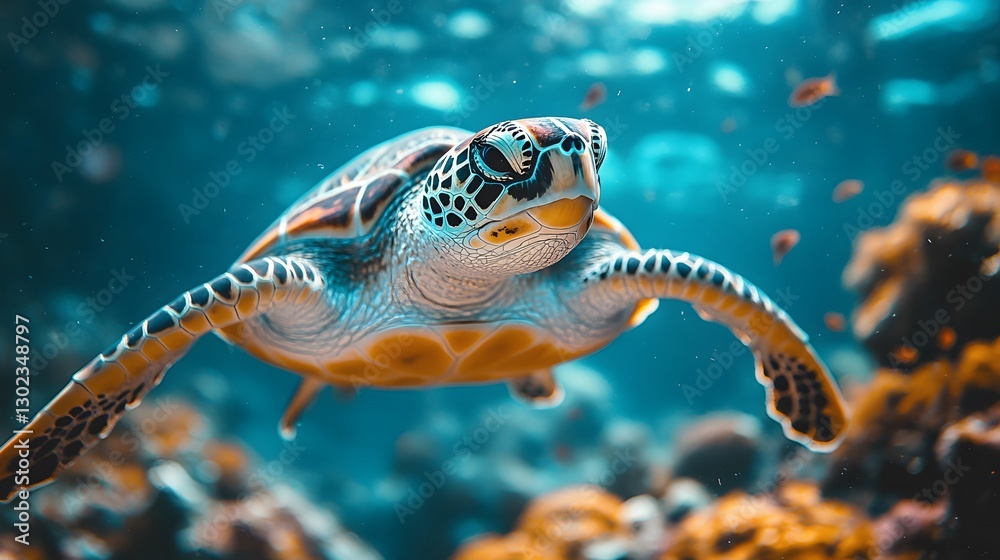 Obraz premium Realistic image of a sea turtle gliding through the deep ocean, surrounded by vibrant coral formations and small fish