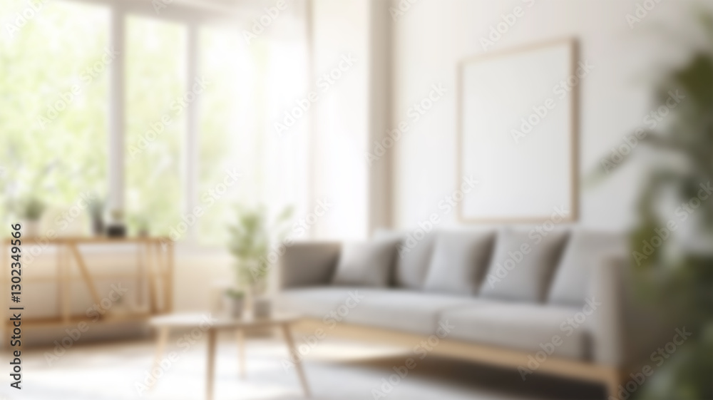 Fototapeta premium Blurred view of light living room with sofa and soft bench. AI Generated Images