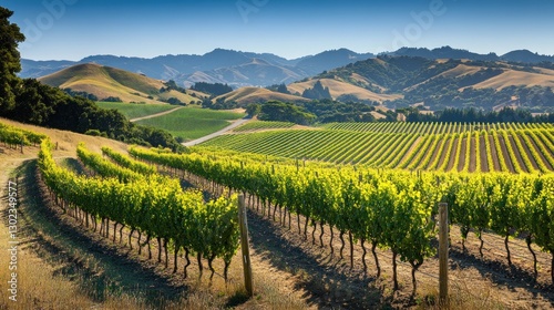 Vineyard Landscape: Rolling Hills and Lush Green Grapes