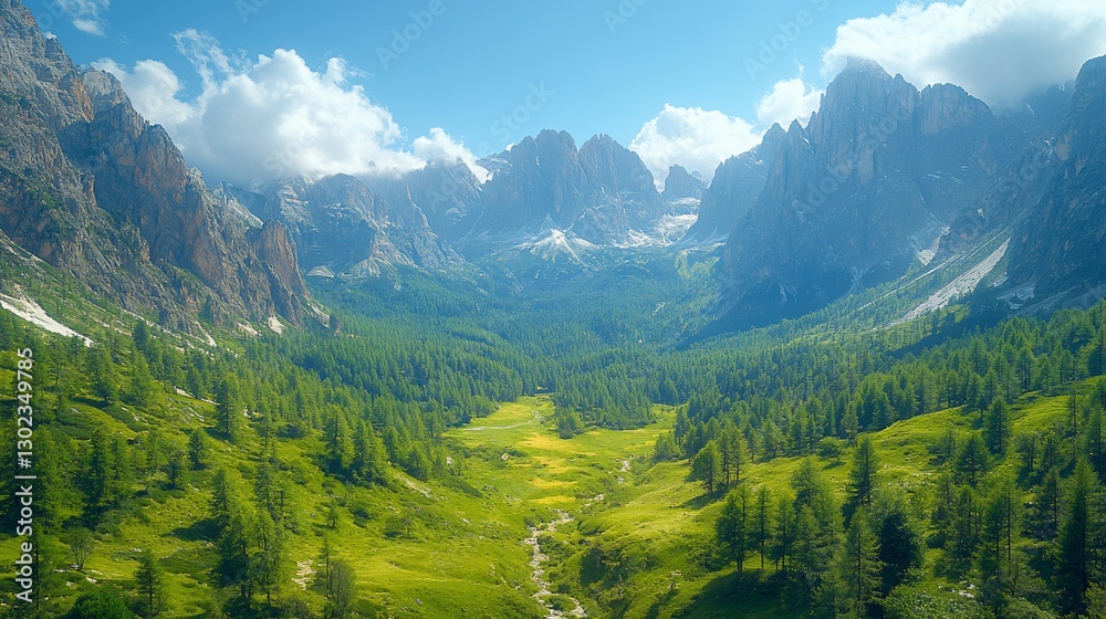 Sunlit mountain valley with lush green meadows, forests, and a stream. Sunlit mountain valley with lush green meadows, forests, and a stream.
