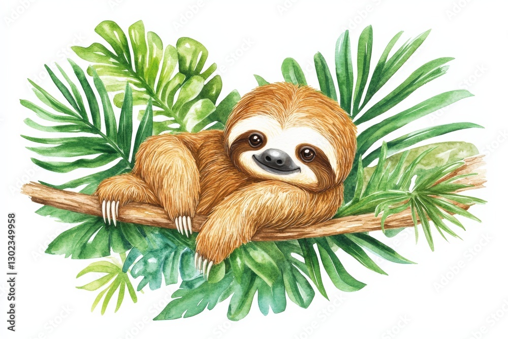 Obraz premium Adorable Sloth Relaxing on a Tropical Branch Surrounded by Lush Greenery