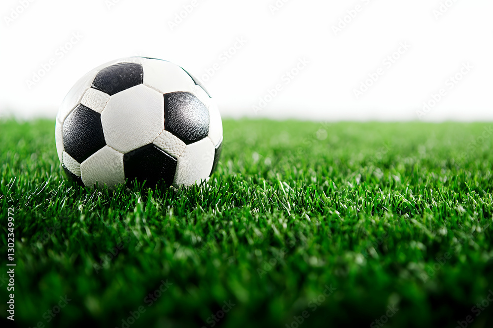 Classic soccer ball sitting on vibrant green grass field, symbolizing sportsmanship, teamwork, and the excitement of the game, perfect for sports-themed visuals Classic soccer ball sitting on vibrant green grass field, symbolizing sportsmanship, teamwork, and the excitement of the game, perfect for sports-themed visuals