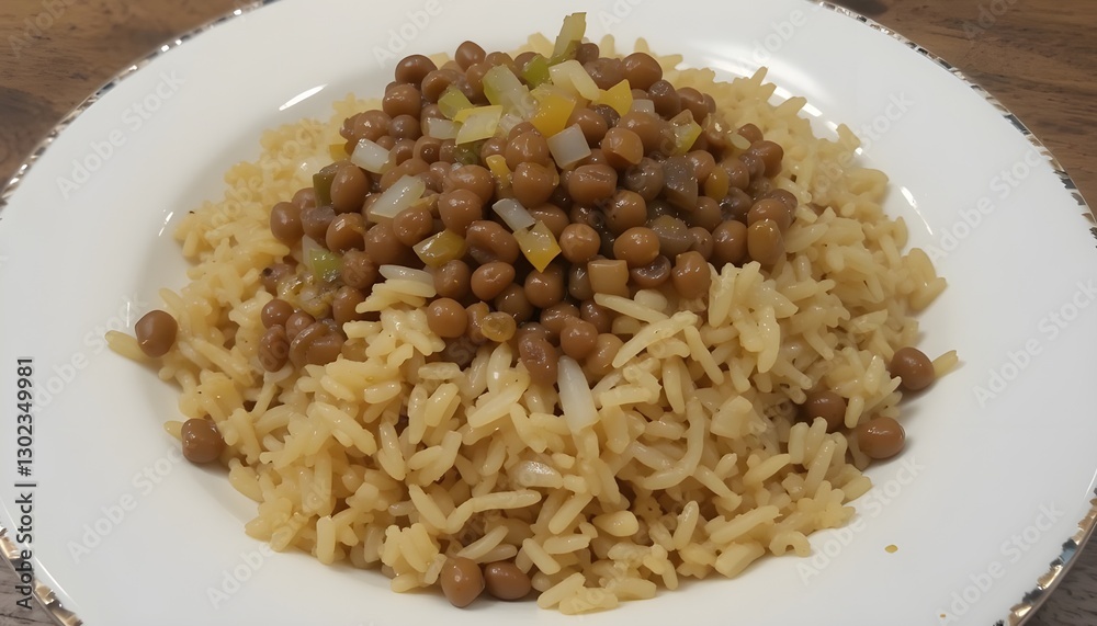 Serve golden brown rice with brown lentils and fried chopped onion on a small white plate. Serve golden brown rice with brown lentils and fried chopped onion on a small white plate.
