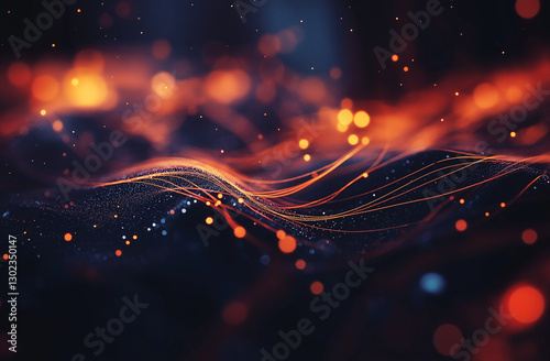 Abstract background with light effects and glowing fiber optic lines, dark blurred backdrop, 