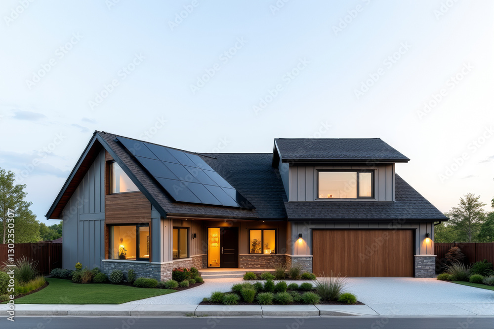 A Modern Sustainable house with sleek solar panels integrated into a flat roof, framed by minimalist landscaping. A Modern Sustainable house with sleek solar panels integrated into a flat roof, framed by minimalist landscaping.