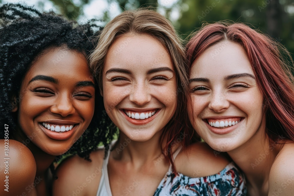 A diverse representation of women with different skin tones smiling together A diverse representation of women with different skin tones smiling together