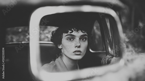 Vintage Reflection: Woman's Portrait in Retro Car Mirror Black and White Photography