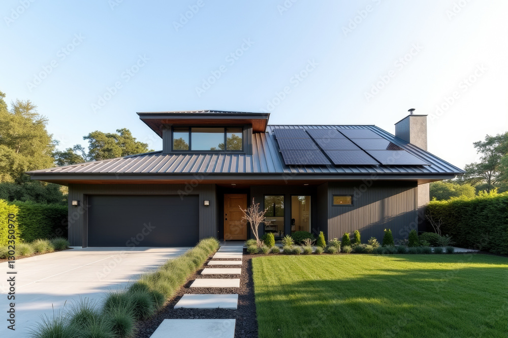 A Modern Sustainable house with sleek solar panels integrated into a flat roof, framed by minimalist landscaping. A Modern Sustainable house with sleek solar panels integrated into a flat roof, framed by minimalist landscaping.