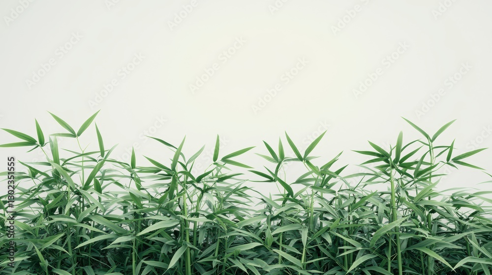 Fototapeta premium Green bamboo plants against a white wall. Nature background with copy space.