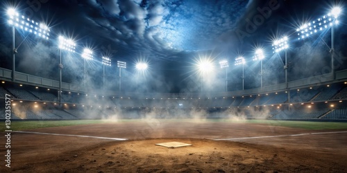 Eerie baseball field with smoke and dust under bright lights, smoky air