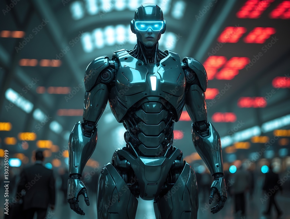 Futuristic Brutality Dark Titanium Security Robot Scanning Crowds Under Flickering Red Hazard Lights – Dystopian 4K Concept Art Futuristic Brutality Dark Titanium Security Robot Scanning Crowds Under Flickering Red Hazard Lights – Dystopian 4K Concept Art