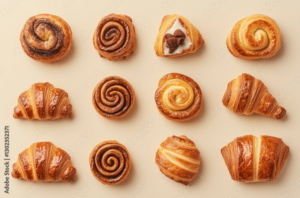 variety of croissants and cinnamon rolls arranged on an isolated beige background, captured from above with a macro lens for detailed texture variety of croissants and cinnamon rolls arranged on an isolated beige background, captured from above with a macro lens for detailed texture
