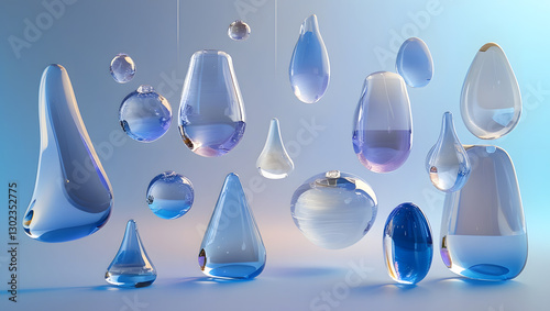 Glass shapes composition on blue background. 3d rendering.