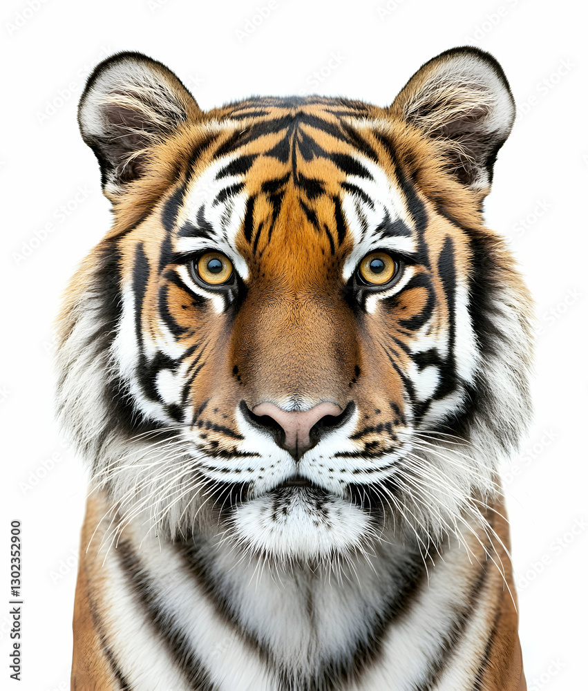 Fototapeta premium Close-up portrait of a majestic bengal tiger, showcasing its striking orange fur, black stripes, and piercing yellow eyes against a pristine white backdrop