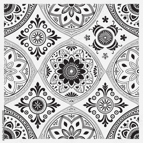 Seamless floral pattern with one line flowers. Vector hand drawn illustration.
