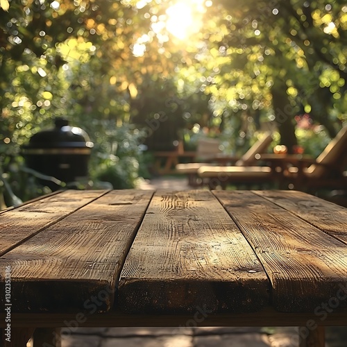 Rustic wooden table, sunny garden backdrop