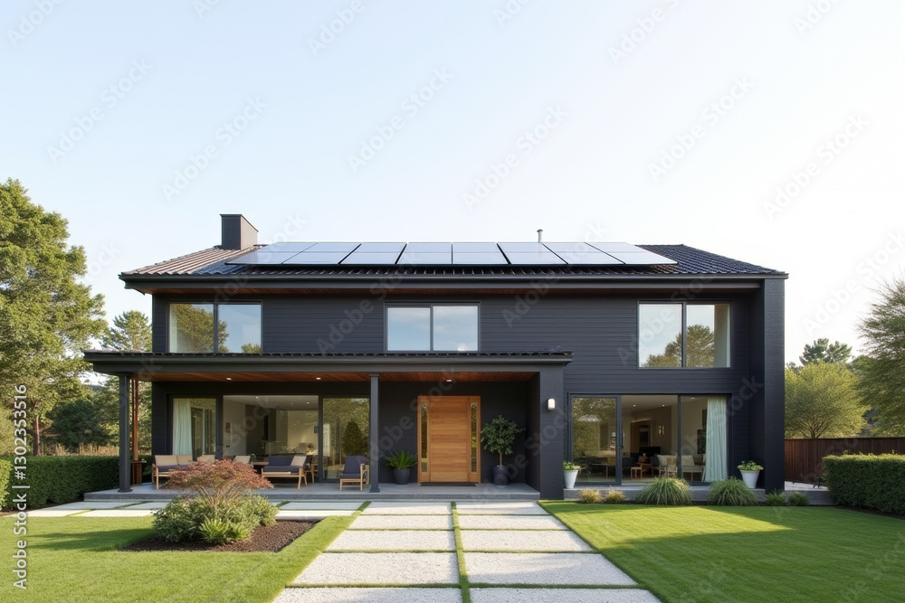 A Modern Sustainable house with sleek solar panels integrated into a flat roof, framed by minimalist landscaping. A Modern Sustainable house with sleek solar panels integrated into a flat roof, framed by minimalist landscaping.