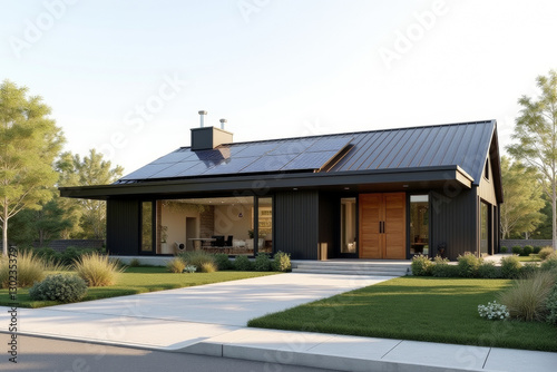 A Modern Sustainable house with sleek solar panels integrated into a flat roof, framed by minimalist landscaping.