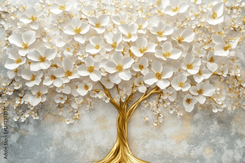 Fototapeta Naklejka Na Ścianę i Meble -  Golden tree of life mural with exquisite white flowers rendered in high-quality 3D on a minimalistic background.