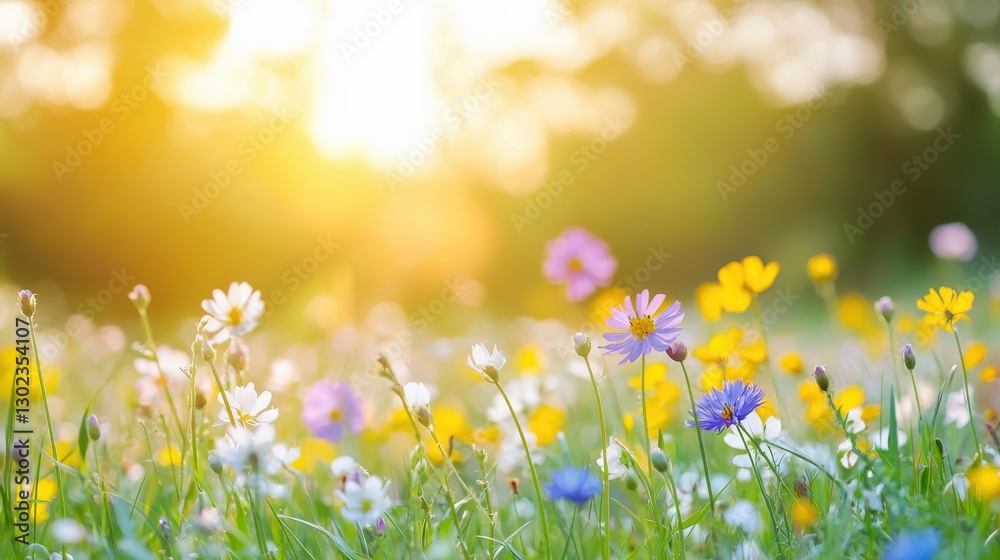 Fototapeta premium A vibrant field of blooming wildflowers under the golden morning sunlight, sprint flower